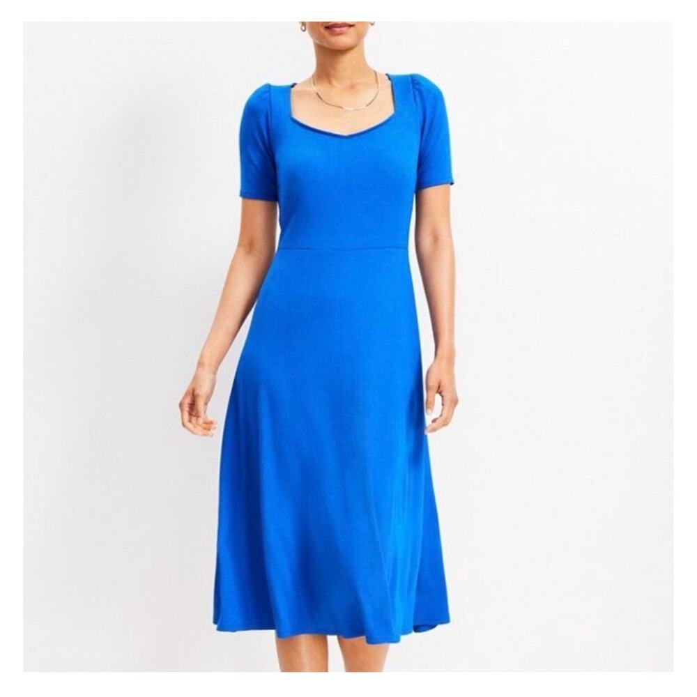 Loft Cobalt Blue Ribbed Stretch Square Neck Midi Dress Size M